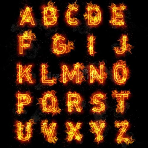 Fire font burning flaming text all letters of alphabet on black background. Burning font illustrations