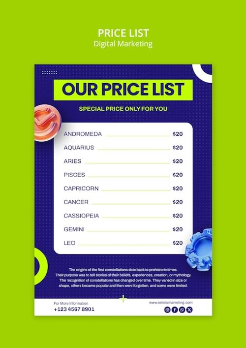Digital marketing price list template design