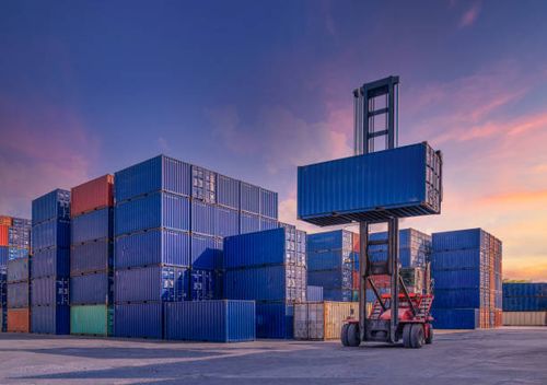 industrial container yard for logistic import export business and forklift - import stock pictures, royalty-free photos & images