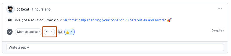 Screenshot of the top-level comment on a discussion. A button, labeled with an upwards arrow and "1", is outlined in dark orange.