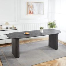 KUVADAZ 90.55" Round Extendable Dining Table, Black Expandable Dining Room Table for 10, Retro Farmhouse Wooden Kitchen Expanding Table Oval Top with Removable Leaf Trestle Stable Base