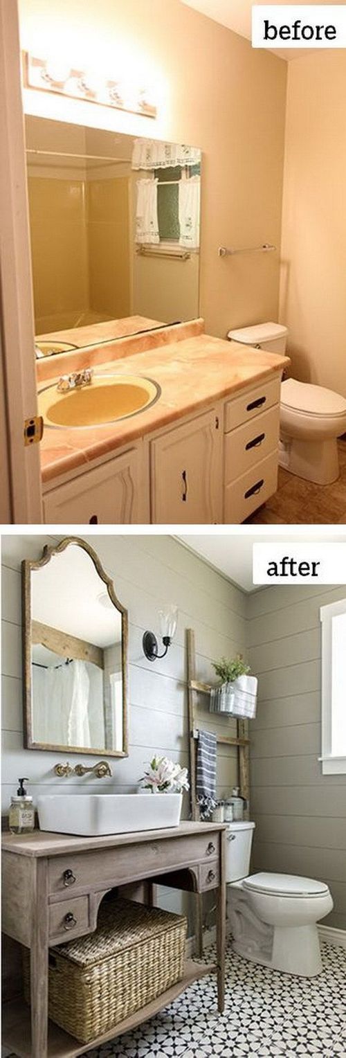 before and after photos of a bathroom remodel