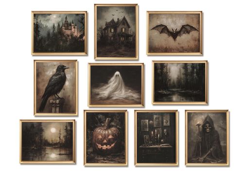 Creepy Halloween Wall Art Posters Prints Set of 10 – Unframed Vintage Witchy Gothic Canvas Picture, Dark Aesthetic Hallowe...