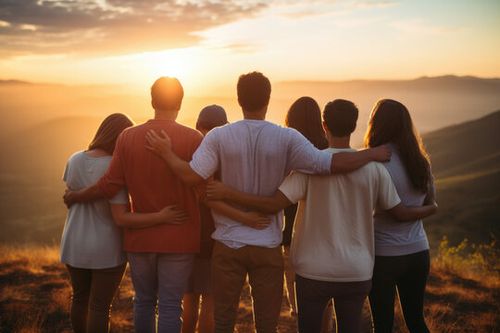 Group of mix race people hugging each other in the meadow supporting each other symbolizing unity, back view