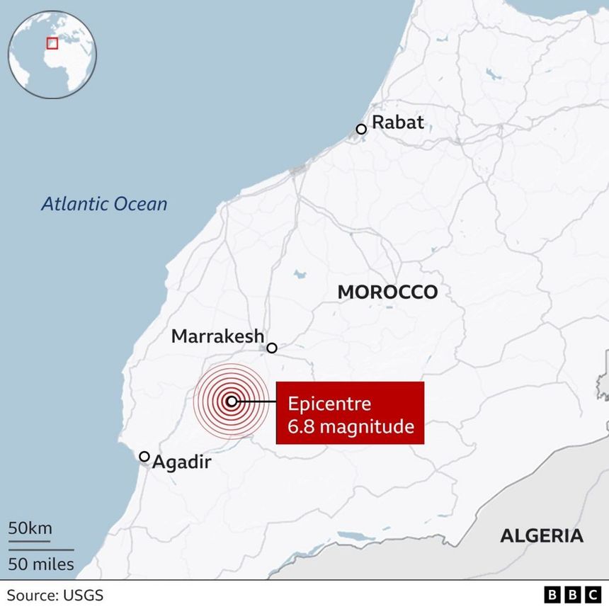 A map of the area where an earthquake struck in Morocco