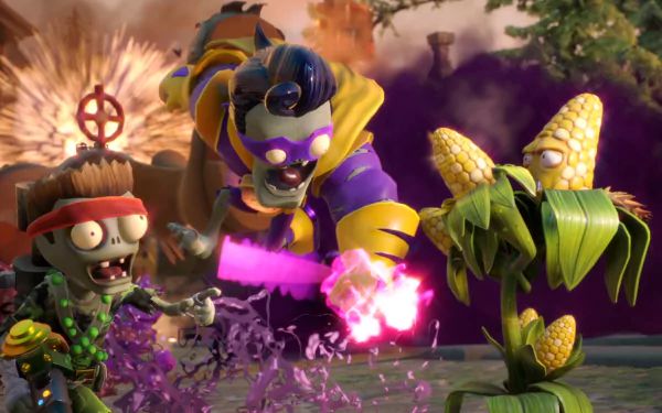 HD desktop wallpaper featuring characters from the video game Plants vs. Zombies: Garden Warfare 2, showing intense gameplay between zombies and a cob of corn character.