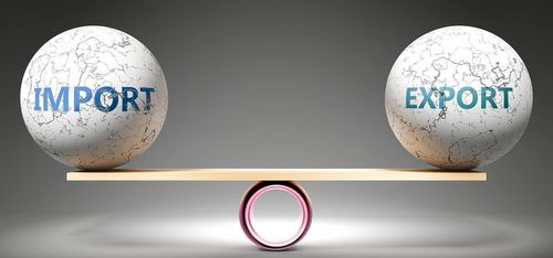 Import and export in balance - pictured as balanced balls on scale that symbolize harmony and equity between Import and export that is good and beneficial., 3d illustration
