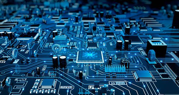 futuristico scheda. blu con elecrons. - circuiti elettronici foto e immagini stock
