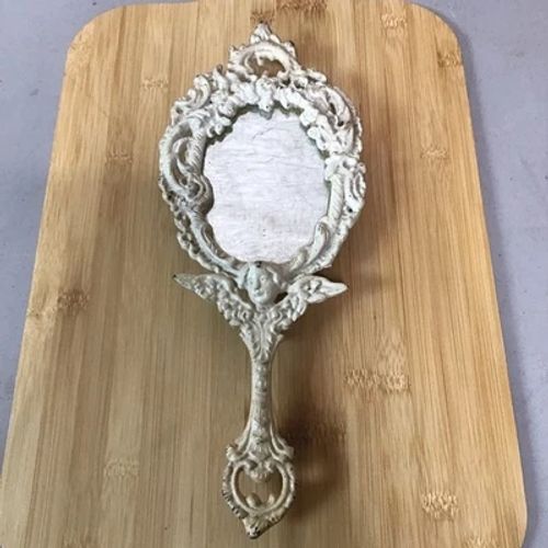 Victorian Antique Filigreed Cast Iron Art Hand Held Cherub Mirror - Image 1 of 4