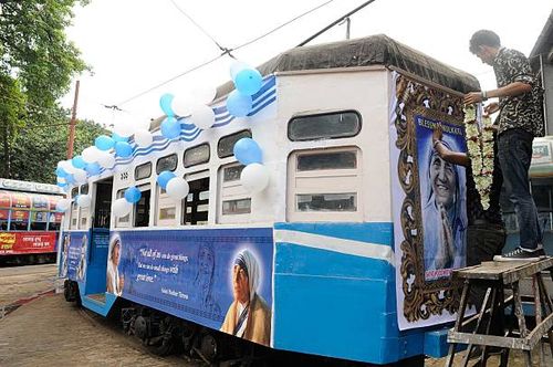 The tram decorated with Saint Mother Teresa’s pictures, posters, texts to mark canonization of Mother Teresa in front of Mother House, on September...