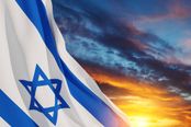 The image features the Israeli flag prominently displayed against a dramatic sunset sky, with warm golden and orange hues near the horizon transitioning into deep blues and purples above. The flag is positioned diagonally, occupying the left and central portion of the frame, with its Star of David clearly visible and the blue stripes and white background creating strong visual contrast. The composition is dynamic and well-balanced, with the flag as the clear focal point, and the vibrant sky providing an evocative backdrop. The lighting is excellent, capturing the natural beauty of the sunset, with no apparent exposure issues or color balance problems. The image is sharp, with no noticeable motion blur, noise, or artifacts, and the focus is clearly on the flag. There are no distracting elements such as poles, vehicles, or people, and no text or borders are present. The scene is highly recognizable as a symbol of Israel, making it distinctive and culturally relevant. The overall aesthetic is beautiful and inspiring, conveying a sense of pride and natural beauty. The image is well-suited for a travel guide cover, as it effectively represents the country with a visually striking and emotionally resonant image. The only minor consideration is the slight tilt of the horizon, which is subtle and does not detract significantly from the overall composition. Overall, the image is strong in its ability to capture the essence of Israel in a visually compelling way.