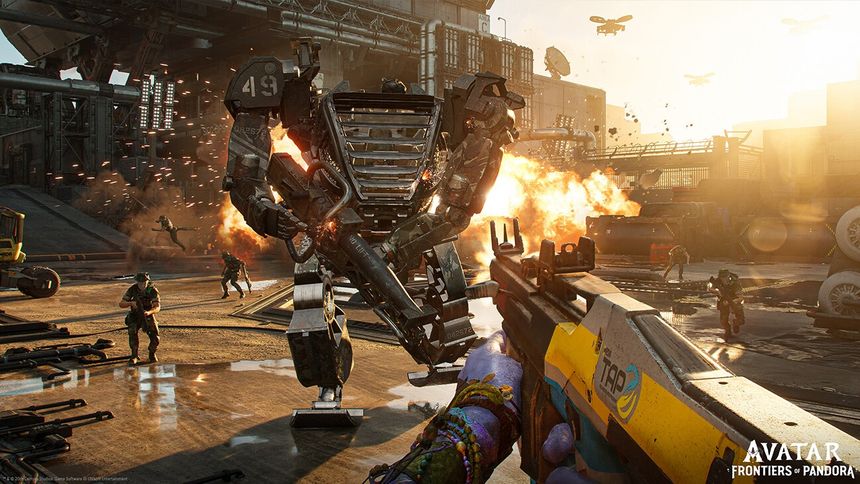 A person in an AMP suit being aimed at with a weapon from a first person point of view from the game 'Avatar: Frontiers of Pandora.'