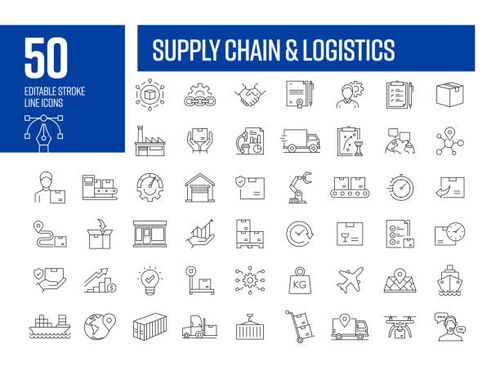 supply chain management line icon set. logistics, production, trade, planning. - import stock illustrations