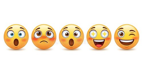 Five yellow emoji symbols displaying various emotions including surprise, shyness, shock, happiness and a playful wink. Each emoji features distinct eye and mouth expressions. Emoji symbols vectors