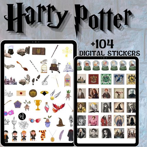 May include: Two digital tablet screens displaying Harry Potter themed digital stickers. The screen on the left shows a variety of stickers including a golden snitch, a Hogwarts castle, a wizard's hat, a wand, a book, a potion bottle, a cauldron, a pair of glasses, a Gryffindor scarf, a house crest, a golden key, a birdcage, a letter, a footprint, a feather, a mandrake, a trophy, a phoenix, a sword, and a Hogwarts Express train. The screen on the right shows a variety of stickers including a sno