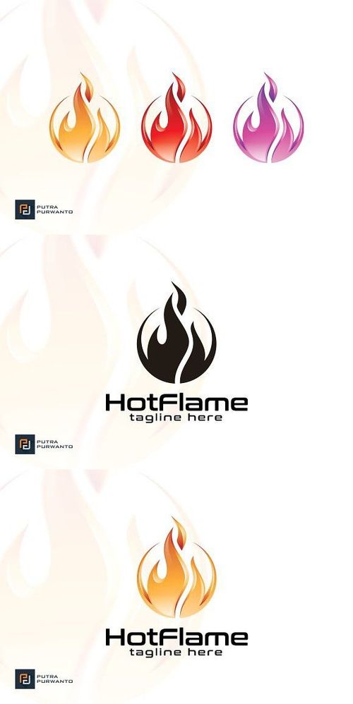 four different logos for hot flame, including one with the letter h and two with flames