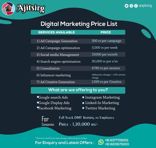 the digital marketing price list is displayed in this ad for an upcoming campaign, which includes ads