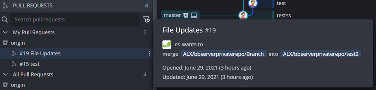 Tooltip showing details of a pull request in GitKraken Desktop, including source and target branches, author, and timestamps