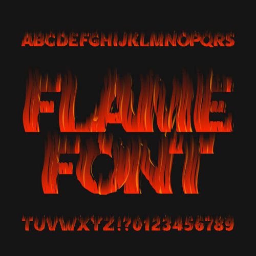 Flame alphabet font. Fire effect type letters and numbers. Flame alphabet font. Fire effect type letters and numbers on dark background. Stock vector typeface for your design. fire font collection alphabet of flame stock illustrations