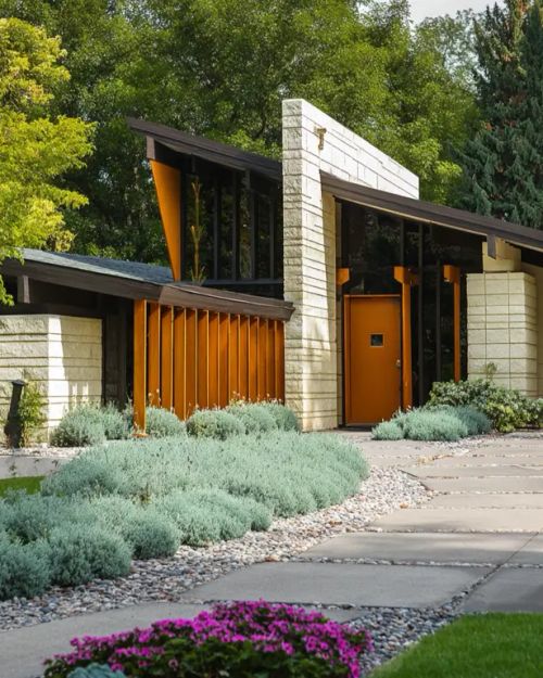 A mid century modern home exterior with light-colored masonry walls, an angular roof, and a vertical wood screen at the entryway.