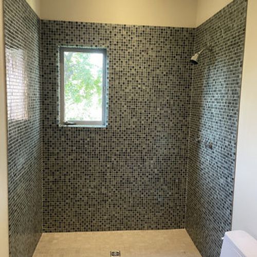 BATHROOM - Glass Mosaic Shower Tile Walls, 12x24 Porcelain Floor Tile
