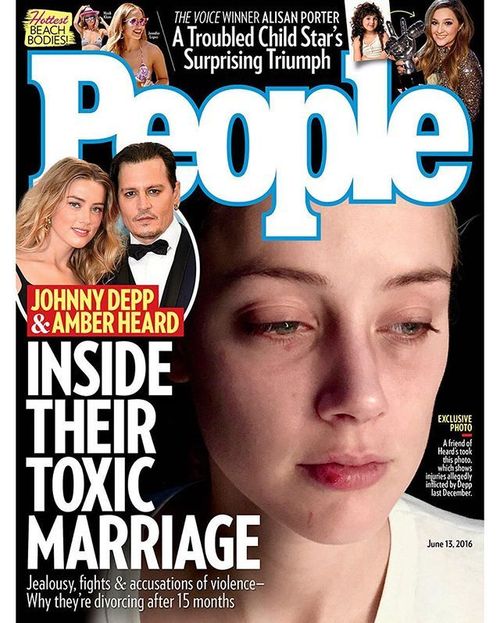 the cover of people magazine features johnny depp and amber heard in their marriage photo