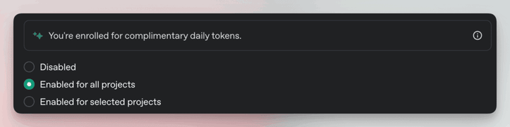 完成畫面。透過啟用此功能，使用者可以獲得每日OpenAI API 免費Token額度。