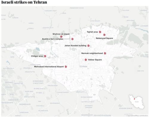 Israeli strikes map on Tehran