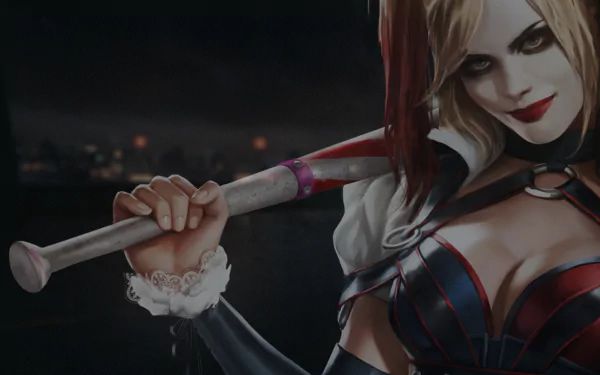HD PC desktop wallpaper from the video game Batman: Arkham City featuring Harley Quinn wielding a bat with a dark cityscape in the background.