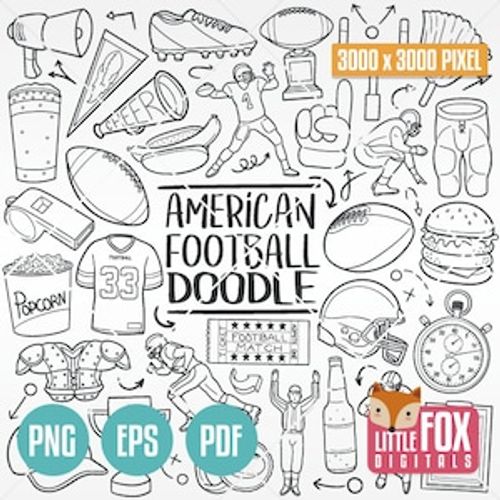 May include: Black and white doodle illustration of American football game elements, including a football, helmet, jersey, whistle, popcorn, hot dogs, beer, and a trophy. The text "AMERICAN FOOTBALL DOODLE" is included in the image.