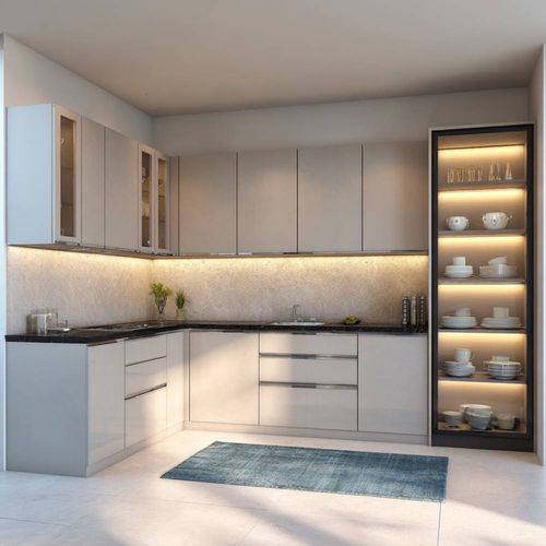 Light Beige Modern L-Shaped Kitchen Design with Granite Countertop and Suede Finish