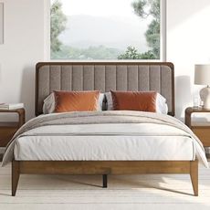 DG Casa Raven Solid Wood Queen Size Bed Frame - Mid Century Modern Style, Platform with Tufted Upholstered Adjustable Height Headboard, No Box Spring Required, Walnut Finish (Brown, Queen)