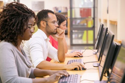 Free Photo multiracial group of students training in computer class