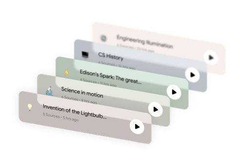 Stacked cards with science and history topics next to play buttons.