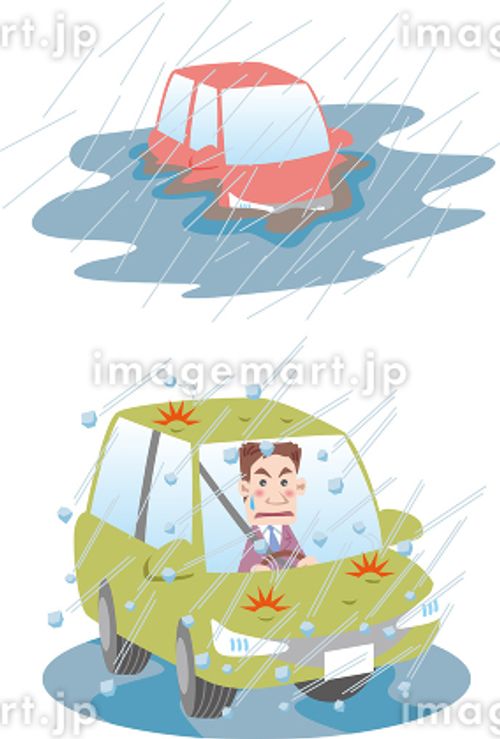 交通安全＜水害時の車・水没・雹や霰（ビジネスマン）＞ ビジネスパーソン,セールスマン,エンストのイラスト素材