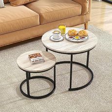 HOJINLINERO Round Coffee Table Set of 2 for Living Room,Black Small Coffee Table Living Room Table,Nesting Tables Metal Frame/Wood,Sturdy and Easy Assembly,Stacking Side Tables Bedroom,White Oak
