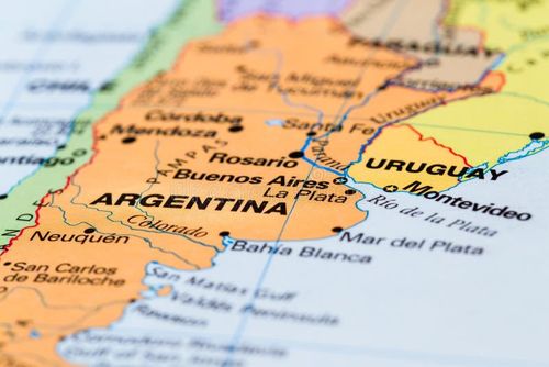 Close up of a world map with Argentina in focus. Argentina map stock images, royalty-free photos and pictures