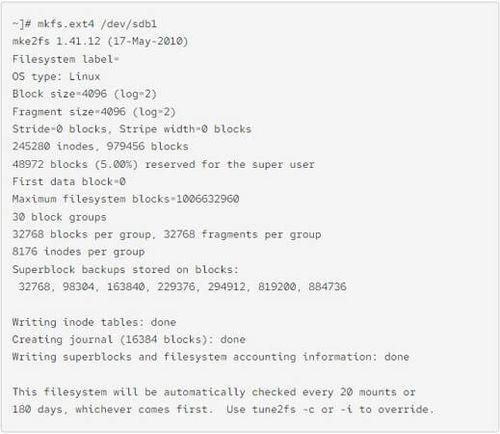 mkfs.ext4 command output