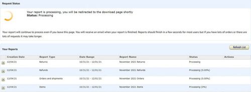 A screenshot from the Amazon Orders History Report page showing the status of your requested reports.