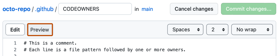 Screenshot of a file in edit mode. Above the file's contents, a tab labeled "Preview" is outlined in dark orange.
