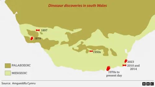 A map showing many of the discoveries in south Wales