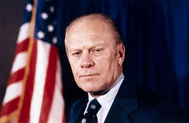 Washington, DC: President Gerald Ford, close-up smiling in official portrait.
