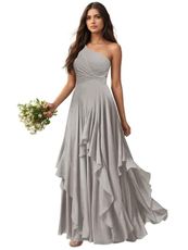 JIALIANG Fall Wedding Guest Dresses Long Bridesmaid Dresses One-Shoulder Ruffled Evening Dresses with Slit US18W Silver