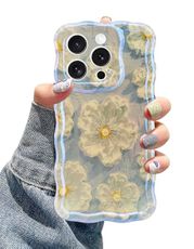 Jusy Compatible with iPhone 15 Pro, Colorful Retro Oil Painting Printed Flower Laser Glossy Pattern Cute Curly Wave Phone Case Soft TPU Cover for Girly Women -Light Blue