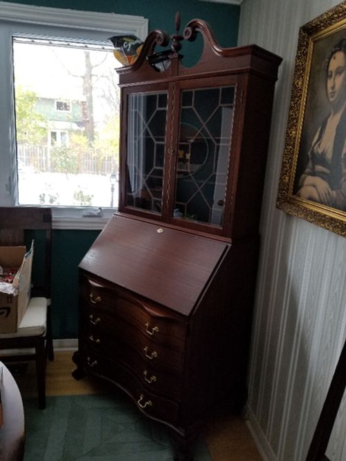 Secretary Desk with display hutch, Antique circa 1940, serpentine front, front claw feet, mahogany,...