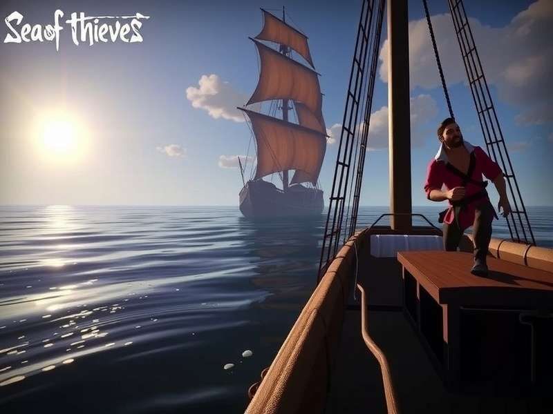 Sea Of Thieves Gameplay - A brigantine sails through golden waters under a dramatic sky