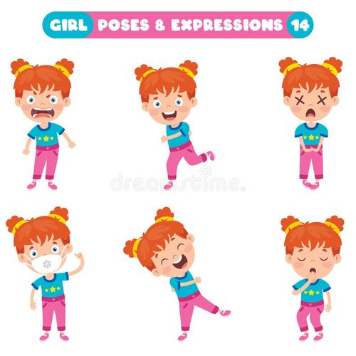 Poses And Expressions Of A Funny Girl eps 10. Kid girl funny pose vectors