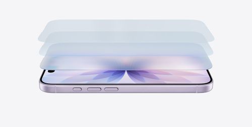 iPhone 17 horizontal on its side in lavender finish, with a layered design showcasing Ceramic Shield 2