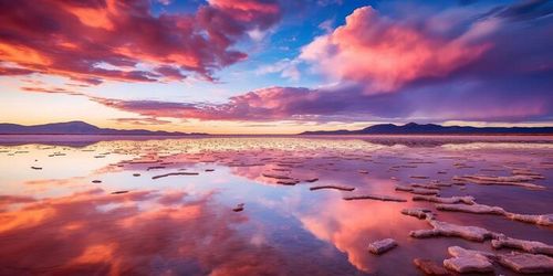 . . Bolivia salt lake. Pink clouds reflect on water lake surface. Adventure travel vacation outdoor nature vibe. Graphic Art photo