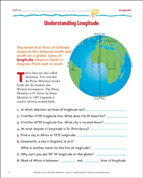 A worksheet titled "Understanding Longitude" with a diagram of the Earth showing lines of longitude, a compass, and questions about longitude measurement and locations.